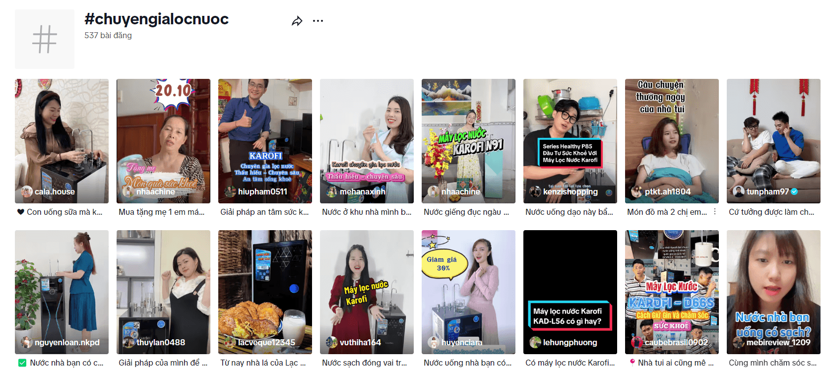 Lưới video của nhiều KOL/KOC gắn hashtag #chuyengialocnuoc trong một chiến dịch Karofi thực tế