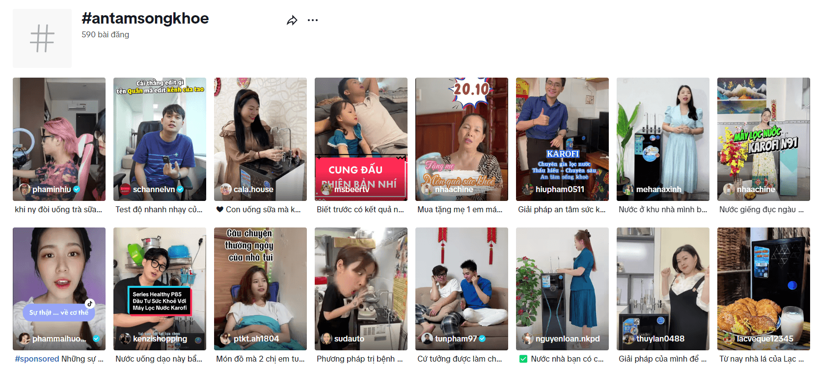Lưới video của nhiều KOL/KOC gắn hashtag #antamsongkhoe trong một chiến dịch Karofi thực tế