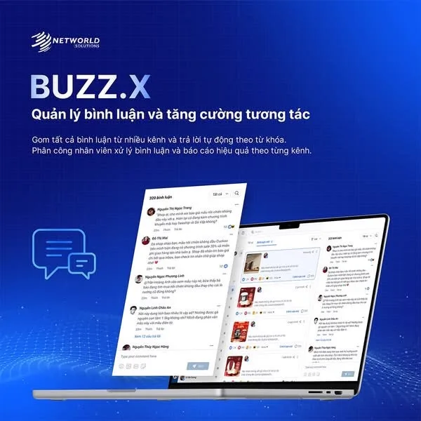Ảnh sản phẩm Buzz.X: hai màn hình quản lý bình luận, một bảng danh sách bình luận và một luồng bình luận đang được trả lời
