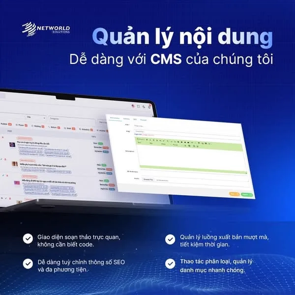 Ảnh sản phẩm hệ thống CMS: màn hình danh sách bài viết phía sau và khung soạn thảo nội dung mở phía trước
