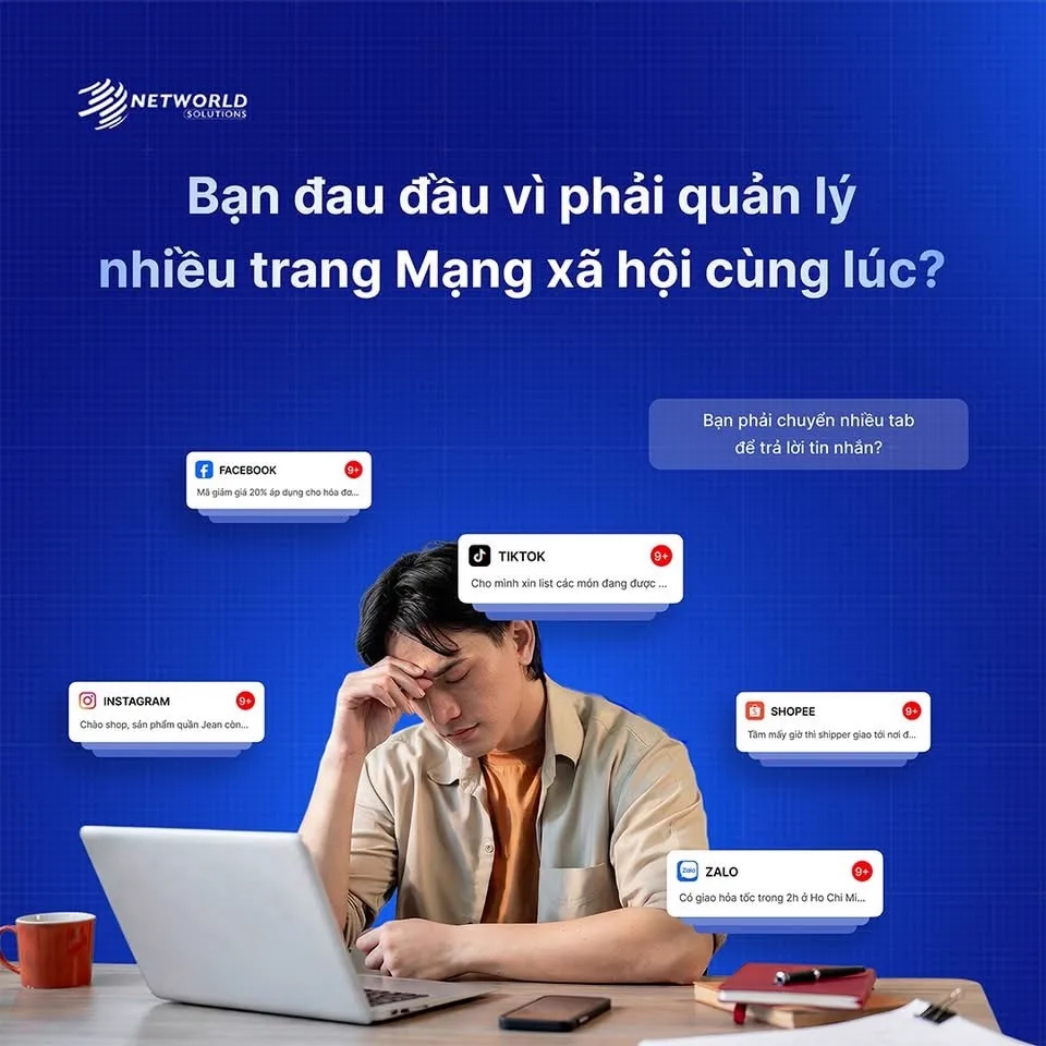 Nhân sự ngồi gục trước máy tính, xung quanh là các thông báo chưa đọc từ Facebook, TikTok, Instagram, Shopee và Zalo