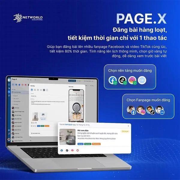 Ảnh sản phẩm Page.X: màn hình soạn bài trên laptop cùng hai thẻ chọn nền tảng và chọn fanpage muốn đăng
