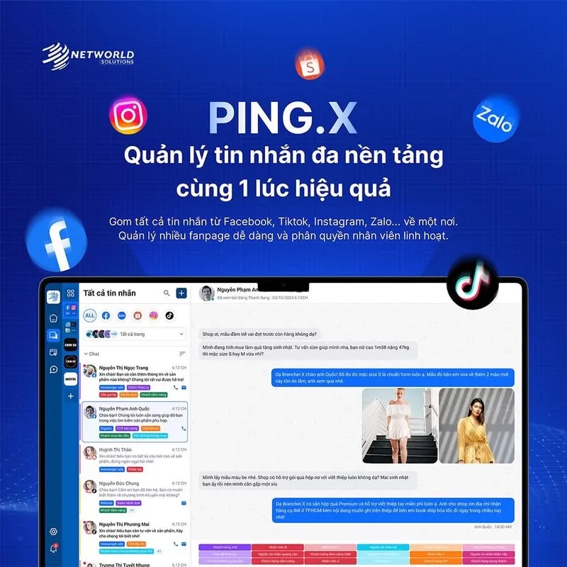 Ảnh sản phẩm Ping.X: hộp thư hợp nhất trên laptop với danh sách hội thoại bên trái và khung chat của một khách hàng ở giữa, bao quanh là biểu tượng Facebook, Instagram, Zalo, TikTok và Shopee